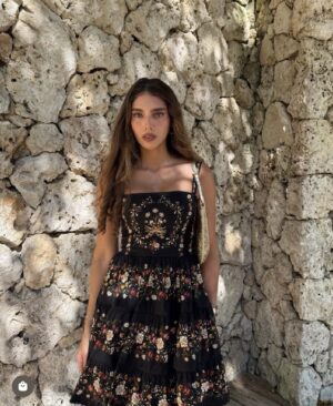 AGUA Black Retro Floral Tiered A Line Midi Dress