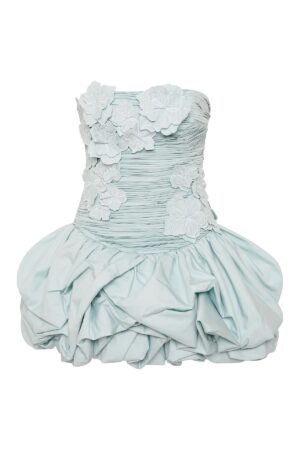 AJE Light Blue Ruched Strapless Bubble Hem Mini Dres