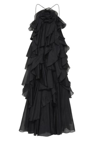 AJE Black 3D Flower Ruffle Halter Neck Maxi Dress