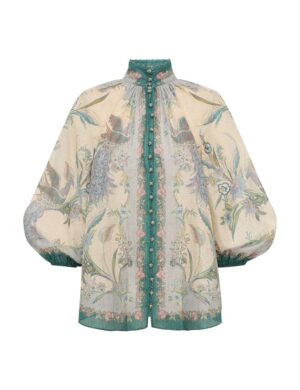 New Cream Floral Pattern Women's Shirt Top + Linen Cream Printed Ruched Shorts